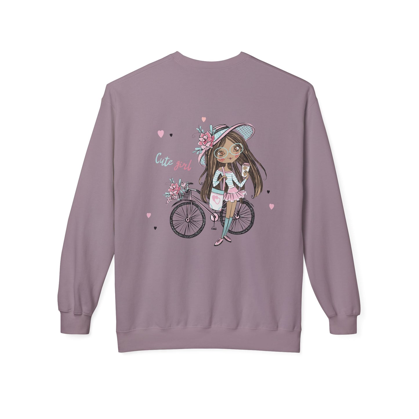 Cute Girl on Bicycle Sweatshirt, Cozy Fleece Crewneck, Spring Fashion, Gift for Her, Casual Sweatshirt, Cartoon Design
