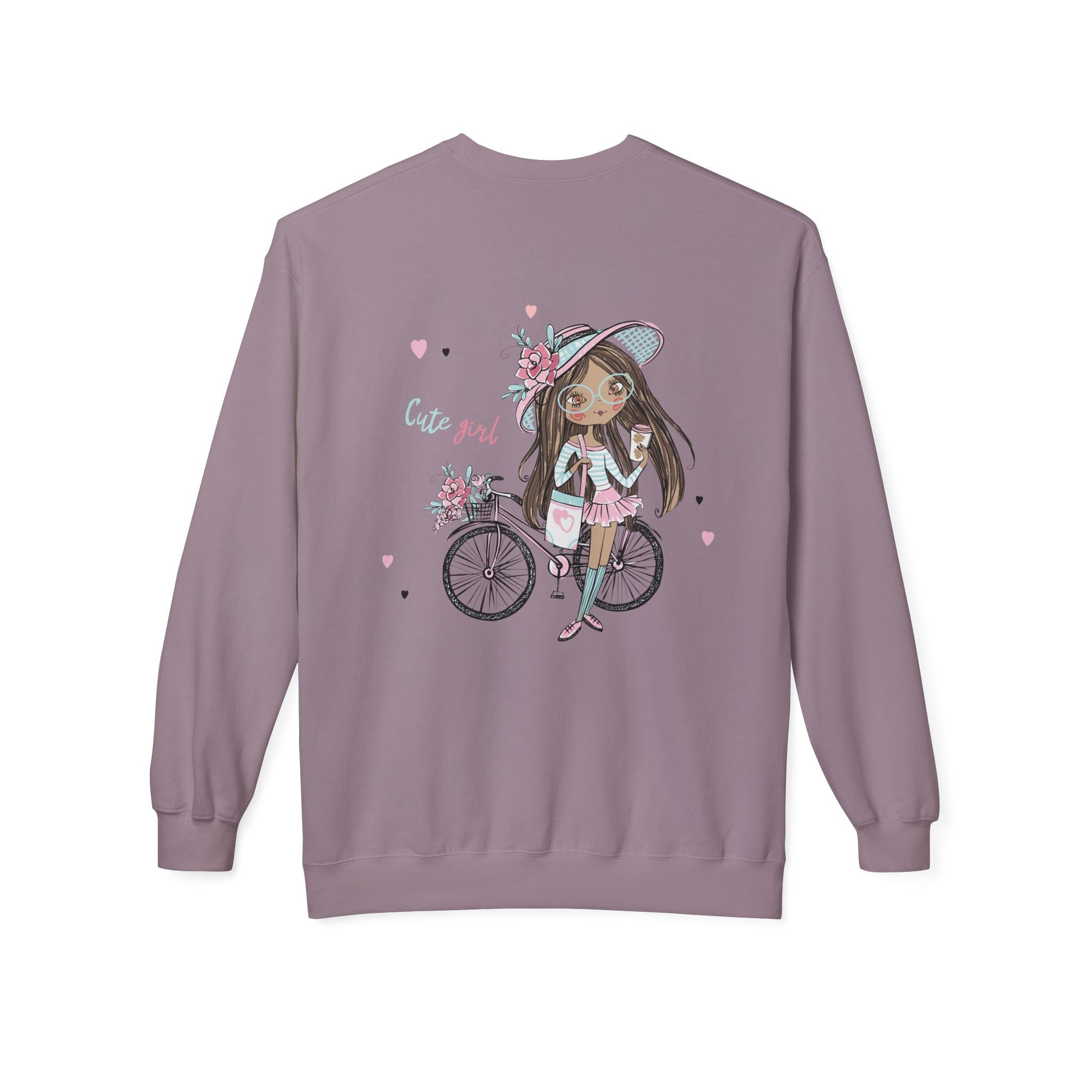 Cute Girl on Bicycle Sweatshirt, Cozy Fleece Crewneck, Spring Fashion, Gift for Her, Casual Sweatshirt, Cartoon Design