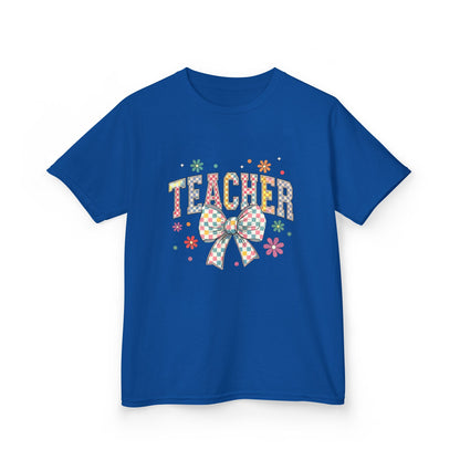 Teacher Kids Tee with Colorful Bow Design, Perfect for Back to School, Teacher Appreciation, Birthday Gift, Fun Classroom Wear Royal