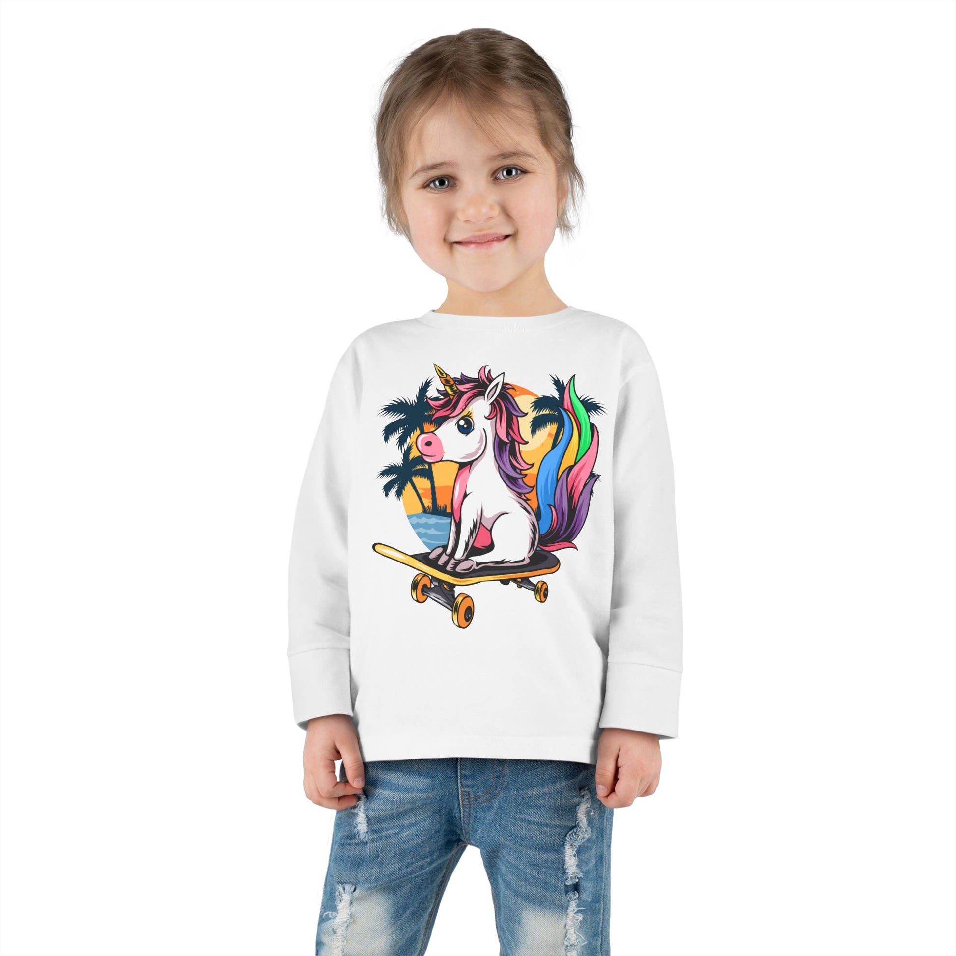 Skateboarding Unicorn Toddler Long Sleeve Tee, Cute Kids Shirt, Unicorn Lover Gift, Playful Toddler Outfit, Birthday Gift