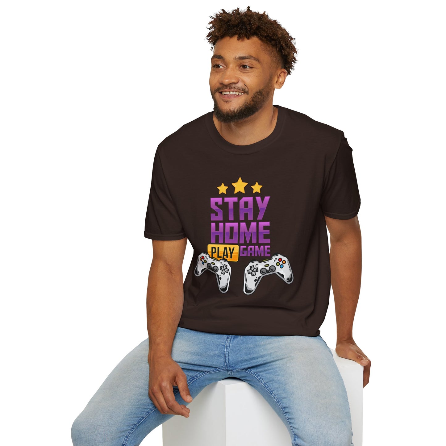 Stay Home Play Game Unisex Softstyle T-Shirt, Gamer Gift, Video Game Tee, Casual Wear, Birthday Present, Gaming Apparel
