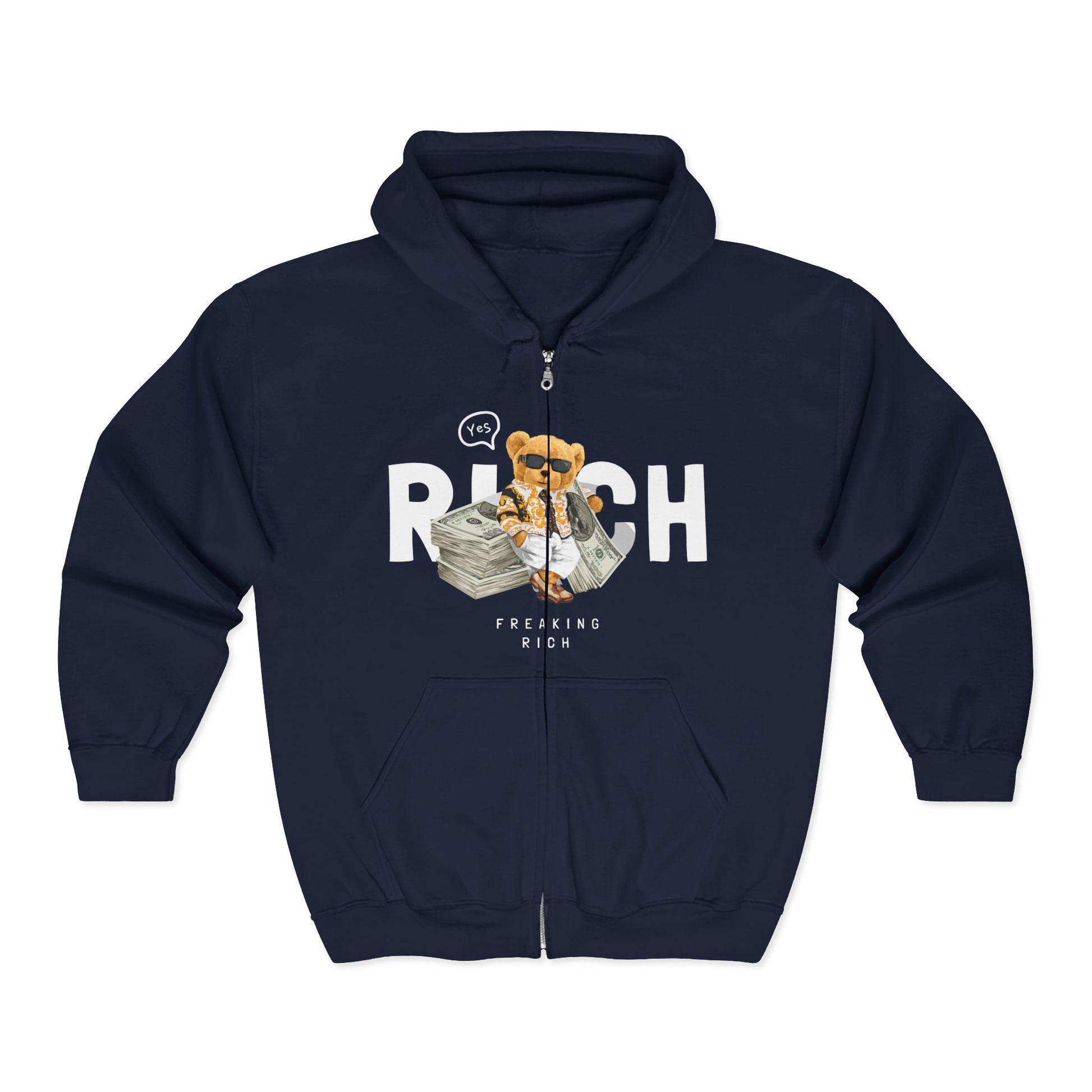 Funny Wealth Hoodie, Comfy Zip Sweatshirt for Cat Lovers, Gift for Pet Owners, Birthday or Holiday Apparel, Unique Animal Sweatshirt Navy