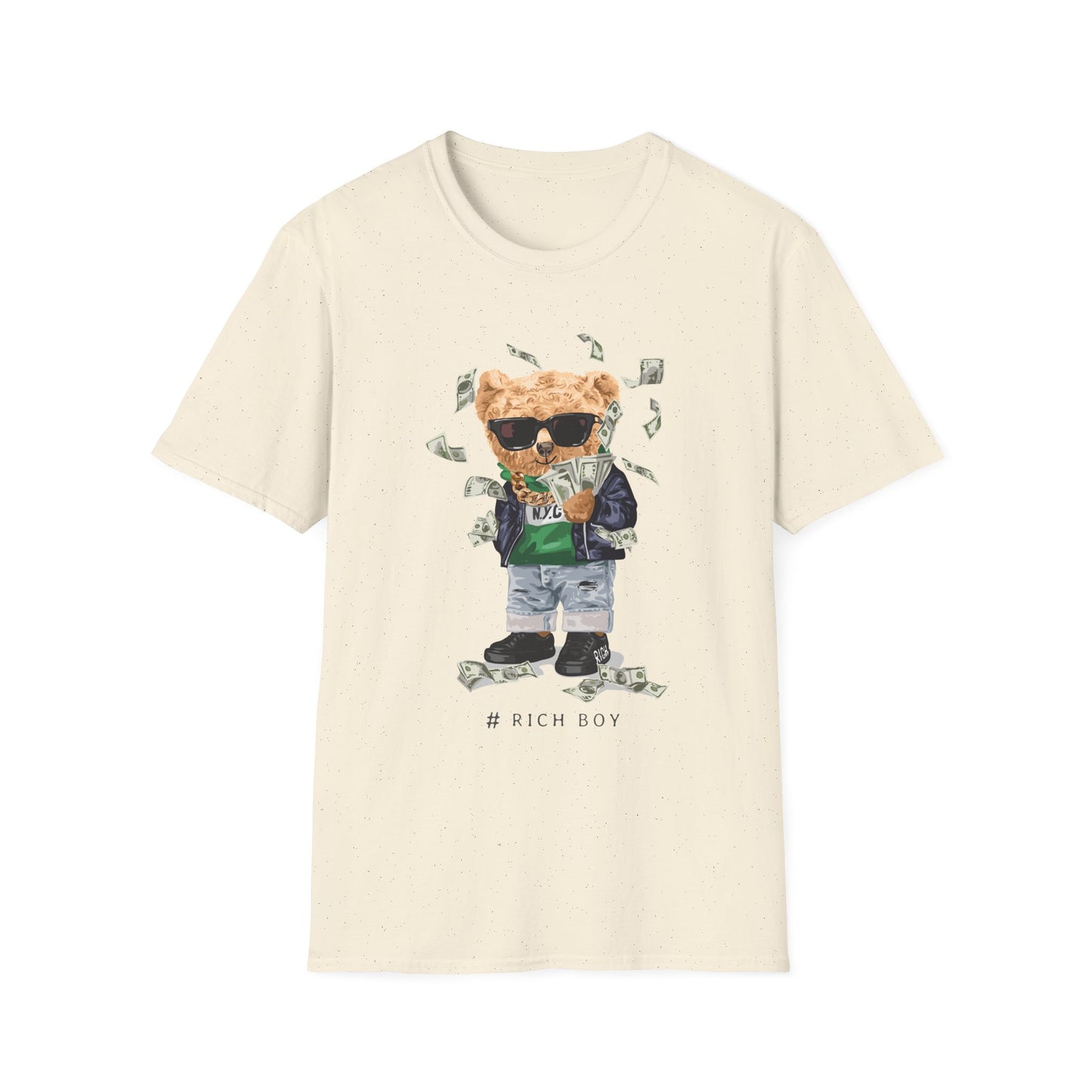 Rich Boy Graphic T-Shirt | Unisex Softstyle Tee | Cute Bear Design | Casual Wear | Gift for Kids | Birthday & Holiday