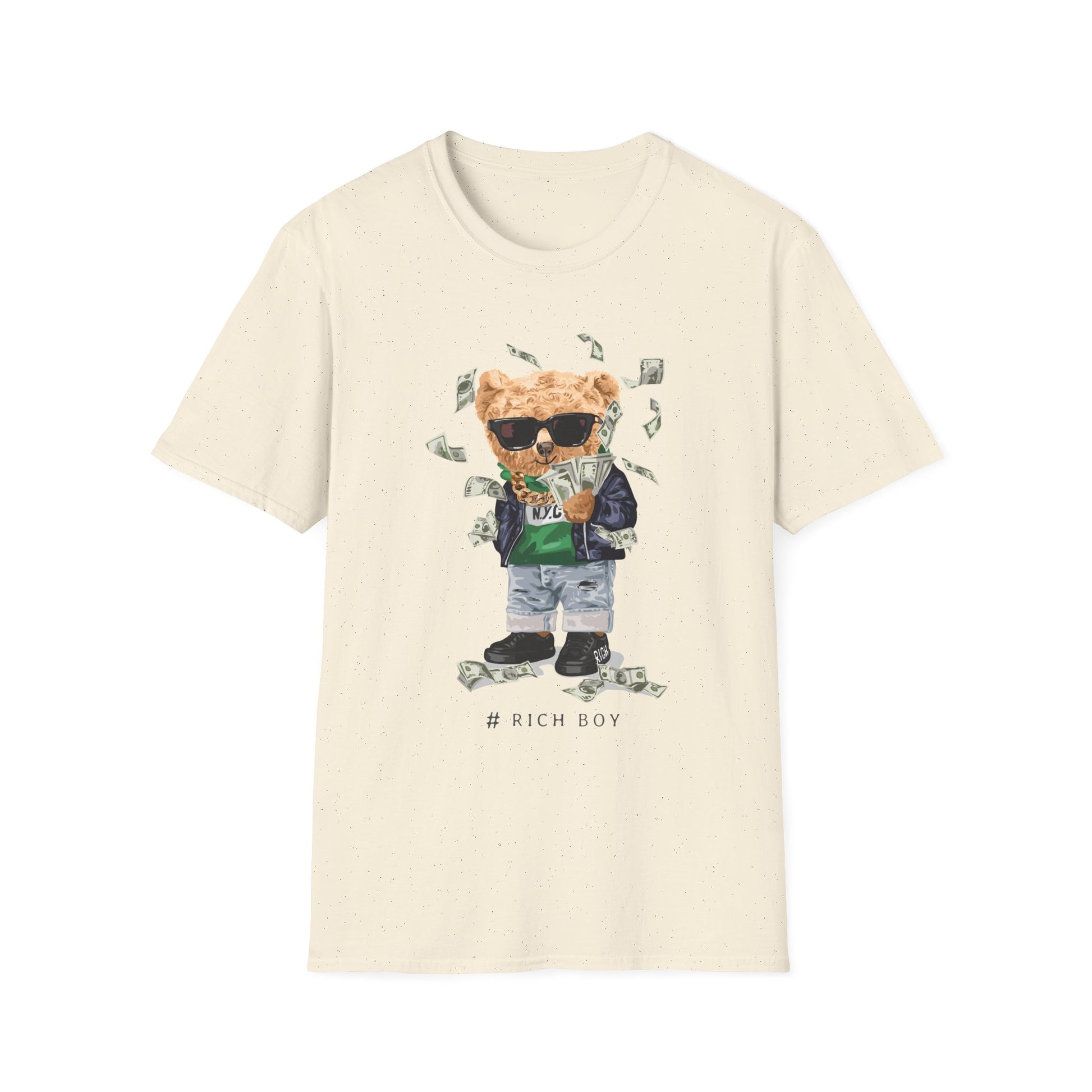 Rich Boy Graphic T-Shirt | Unisex Softstyle Tee | Cute Bear Design | Casual Wear | Gift for Kids | Birthday & Holiday