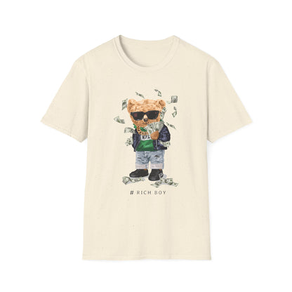Rich Boy Graphic T-Shirt | Unisex Softstyle Tee | Cute Bear Design | Casual Wear | Gift for Kids | Birthday & Holiday