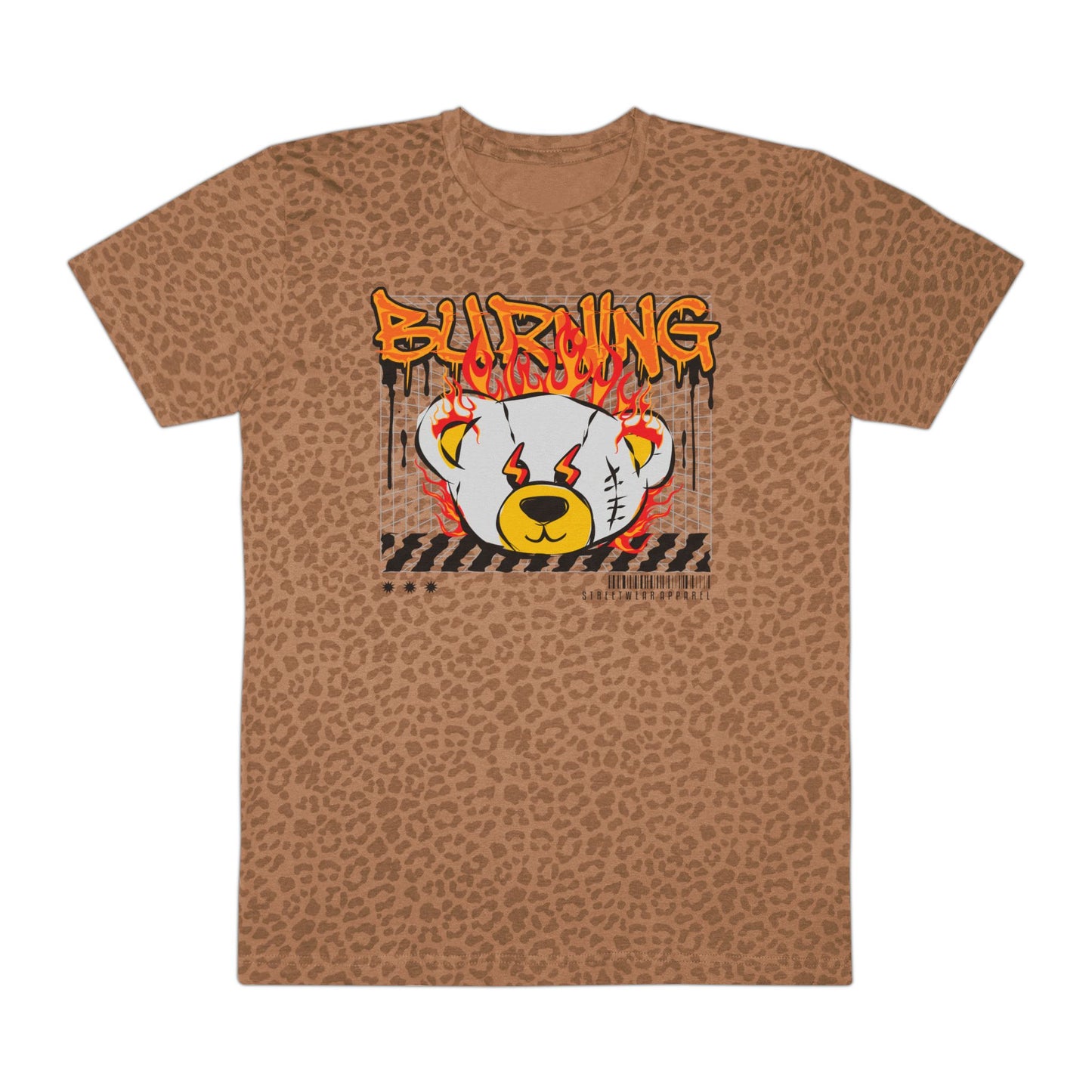 Burning Bear Graphic Tee, Casual Streetwear, Men's Graphic Shirt, Festival Fashion, Unique Gifts for Him, Trendy Animal Print Brown Leopard