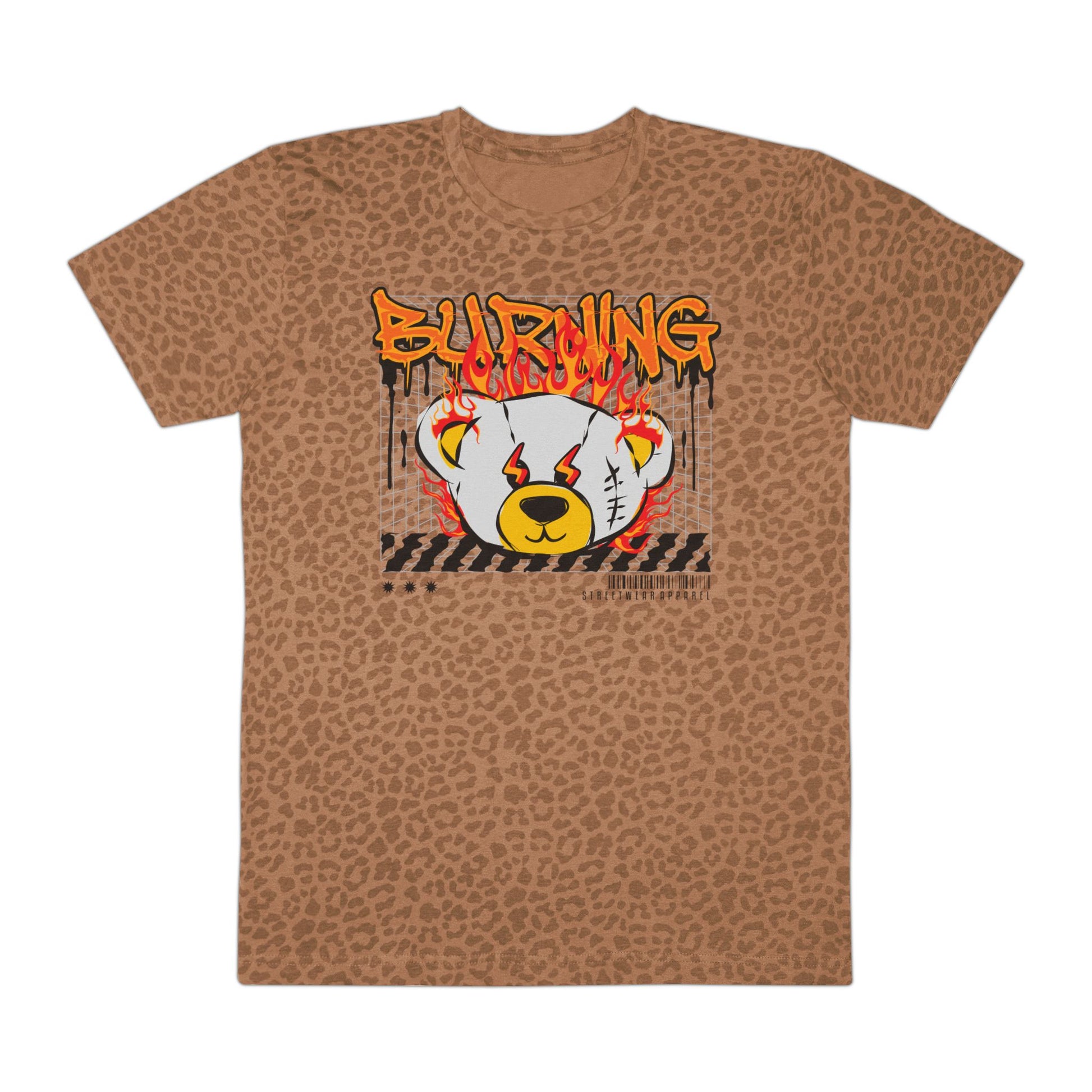 Burning Bear Graphic Tee, Casual Streetwear, Men's Graphic Shirt, Festival Fashion, Unique Gifts for Him, Trendy Animal Print Brown Leopard