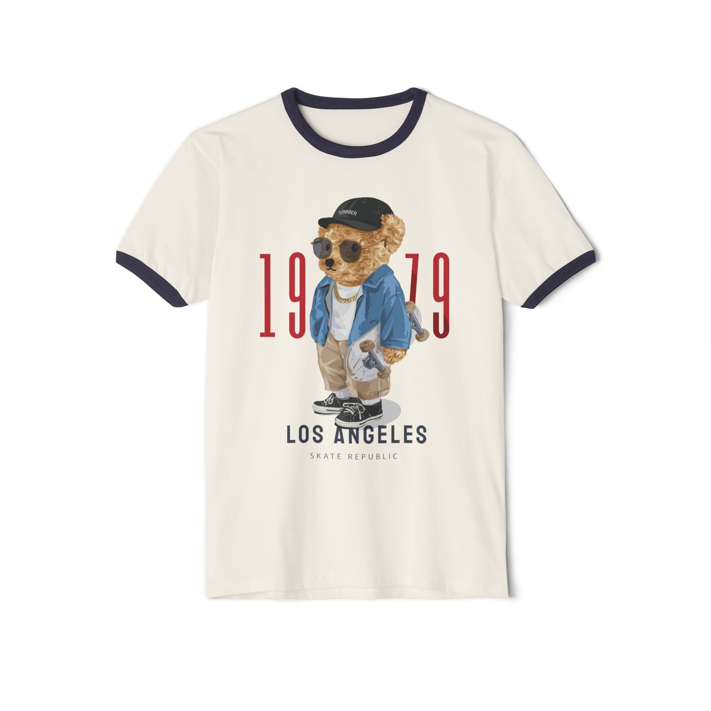 Retro Bear Graphic T-Shirt, Unisex Vintage Tee, Casual Summer Top, Birthday Gift, Streetwear Style, 1979 Los Angeles Design Natural Midnight Navy
