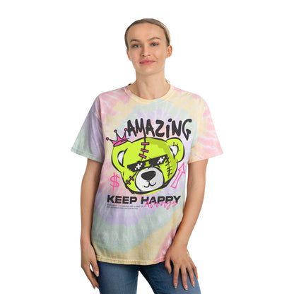 Unisex "Amazing" Tie Dye T-Shirt – Streetwear Graphic Tee with Green Bear & "Keep Happy" Positive Quote – Soft Cotton Pastel Shirt Hazy Rainbow