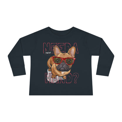 Hello French Bulldog Toddler Tee, Cute Kids Shirt, Toddler Long Sleeve, Dog Lover Gift, Fun Pet Tee, Birthday Outfit, Playdate Wear Black