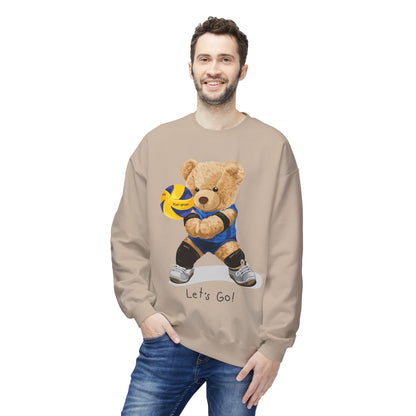 Cheerful Volleyball Bear Crewneck Sweatshirt, Cozy Fleece Top, Cute Sports Apparel, Unisex Gift for Athletes, Casual Wear, Let's Go!