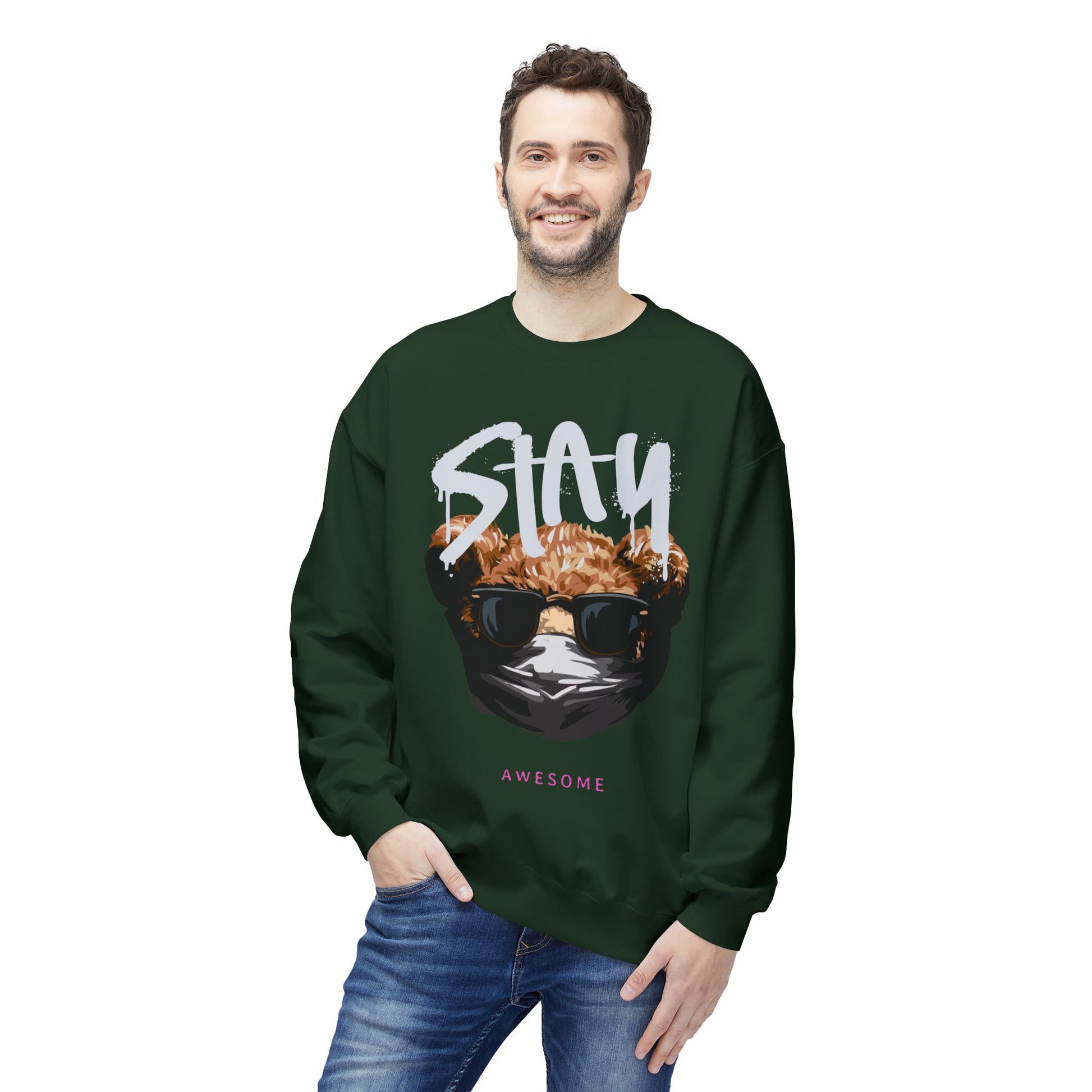 Stay Awesome Fleece Crewneck Sweatshirt for Cozy Vibes, Perfect Gift for Friends, Cute Casual Wear, Fun Retro Style, Ideal for Cold Days