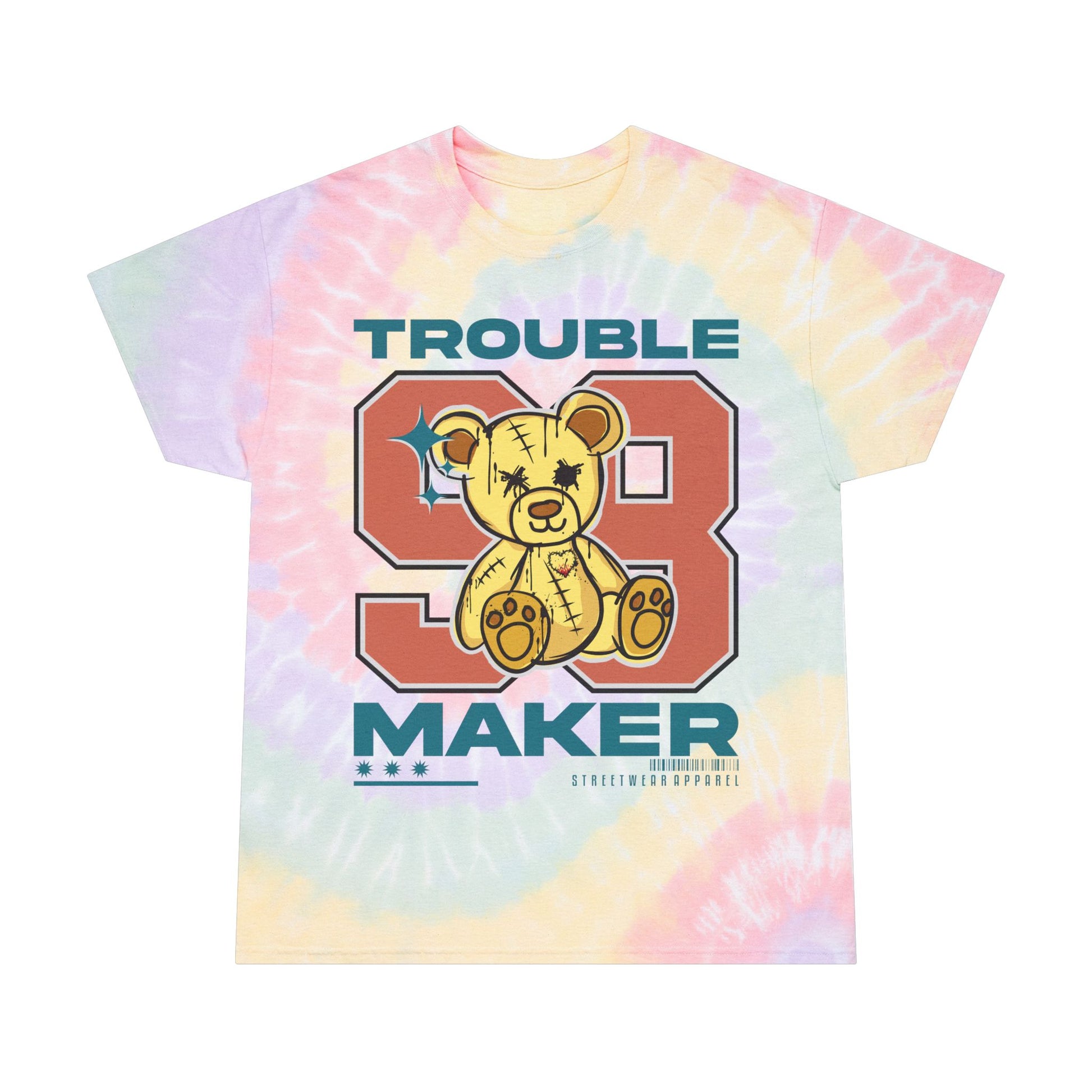Unisex "Trouble Maker 98" Tie Dye T-Shirt – Y2K Style Streetwear Graphic Tee with Teddy Bear – Soft Cotton Pastel Shirt
