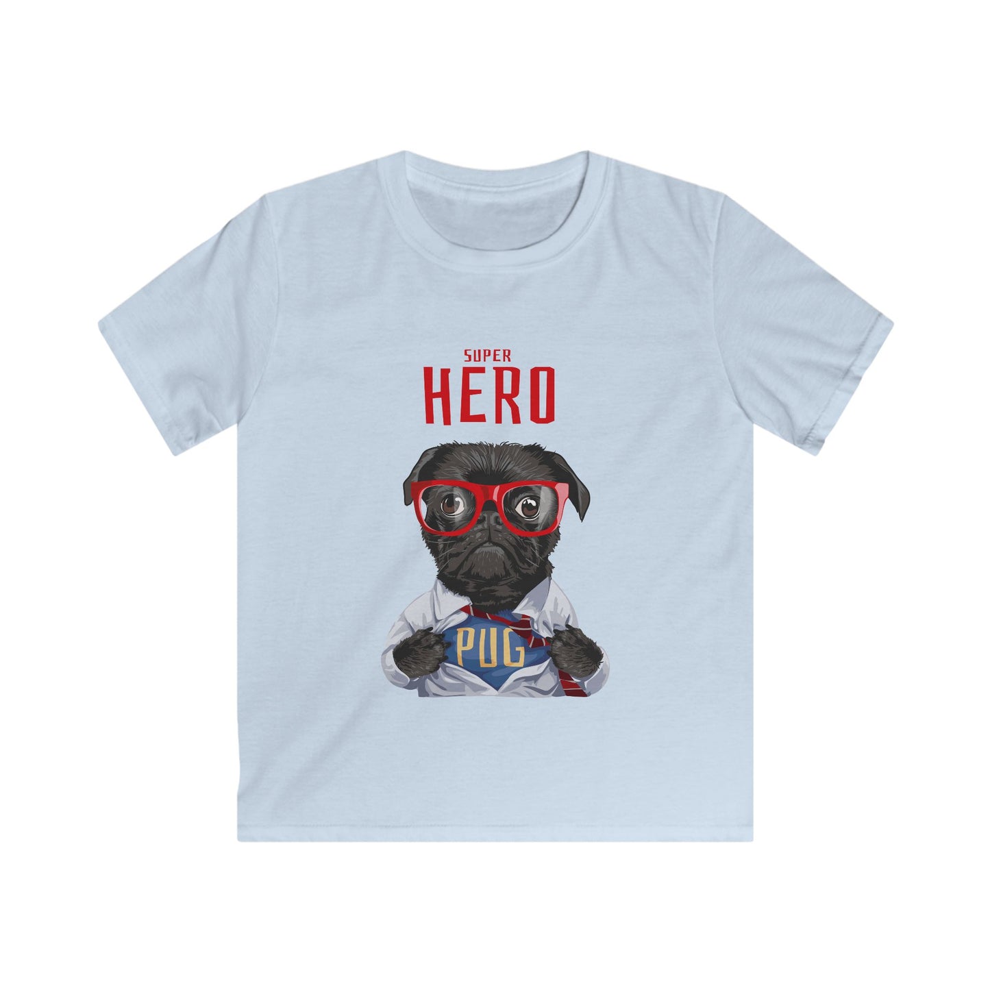 Superhero Pug Kids Tee, Cute Pet T-Shirt, Funny Dog Shirt, Gift for Dog Lovers, Birthday Outfit for Kids XL Light Blue