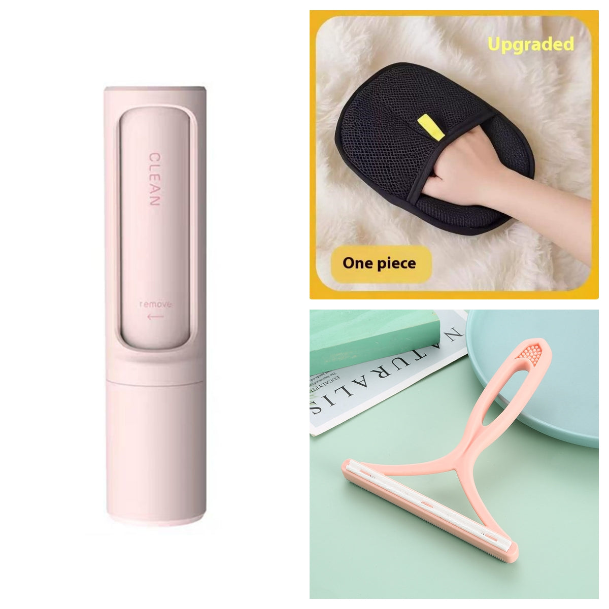 2-1 Reusable Pet Hair Remover Brush Lint Roller Portable Effective Self Cleaning Tool for Cat Dog Fur Hair Dust Removal Brush Pink Set