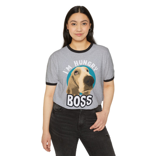 Hungry Boss Dog Ringer T-Shirt, Funny Pet Tee, Unisex Graphic Shirt, Cute Dog Lover Gift, Casual Humor Apparel Heather Grey Black