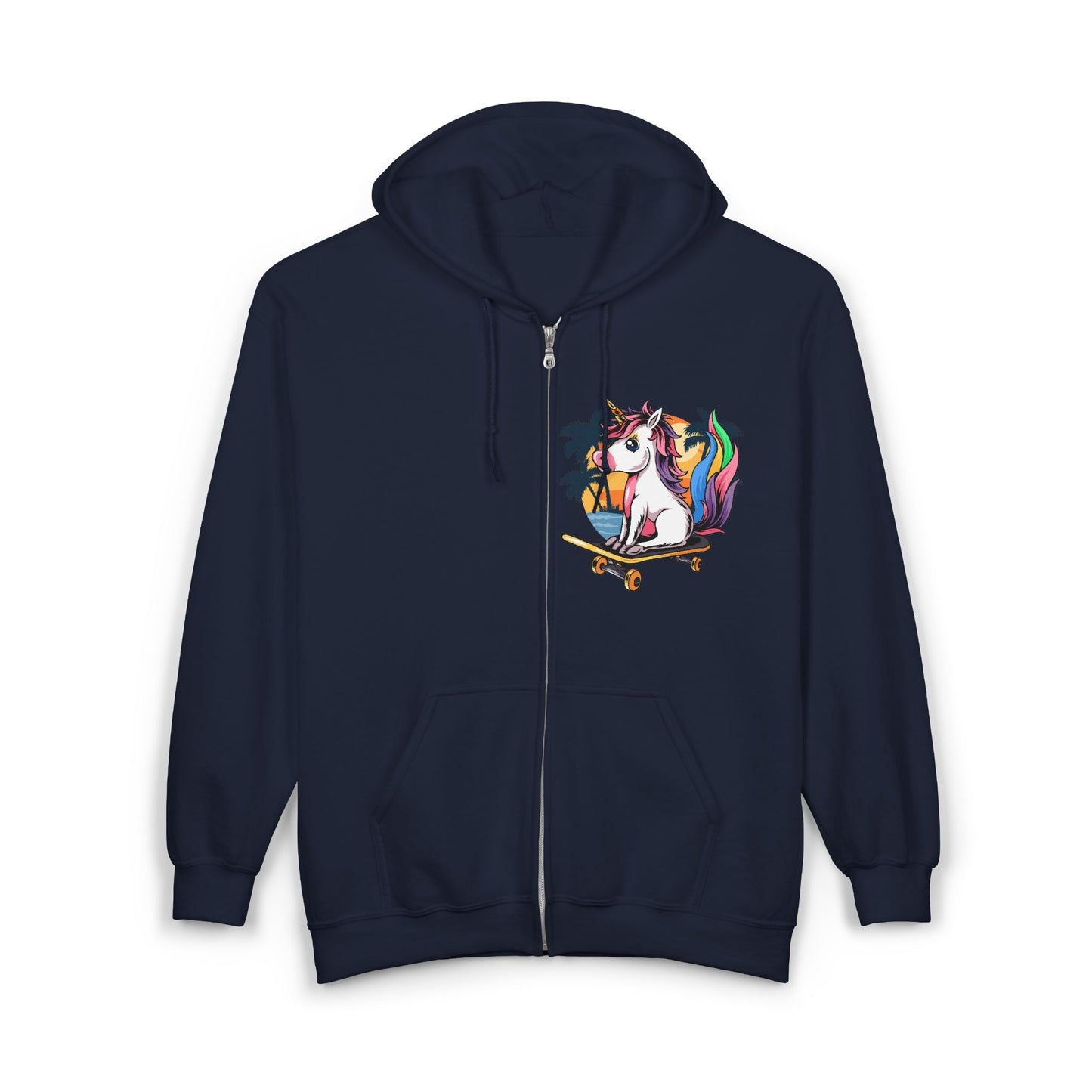 Full Zip Hoodie - Rainbow Unicorn on Skateboard Tropical Sunset Design
