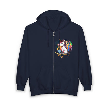 Full Zip Hoodie - Rainbow Unicorn on Skateboard Tropical Sunset Design