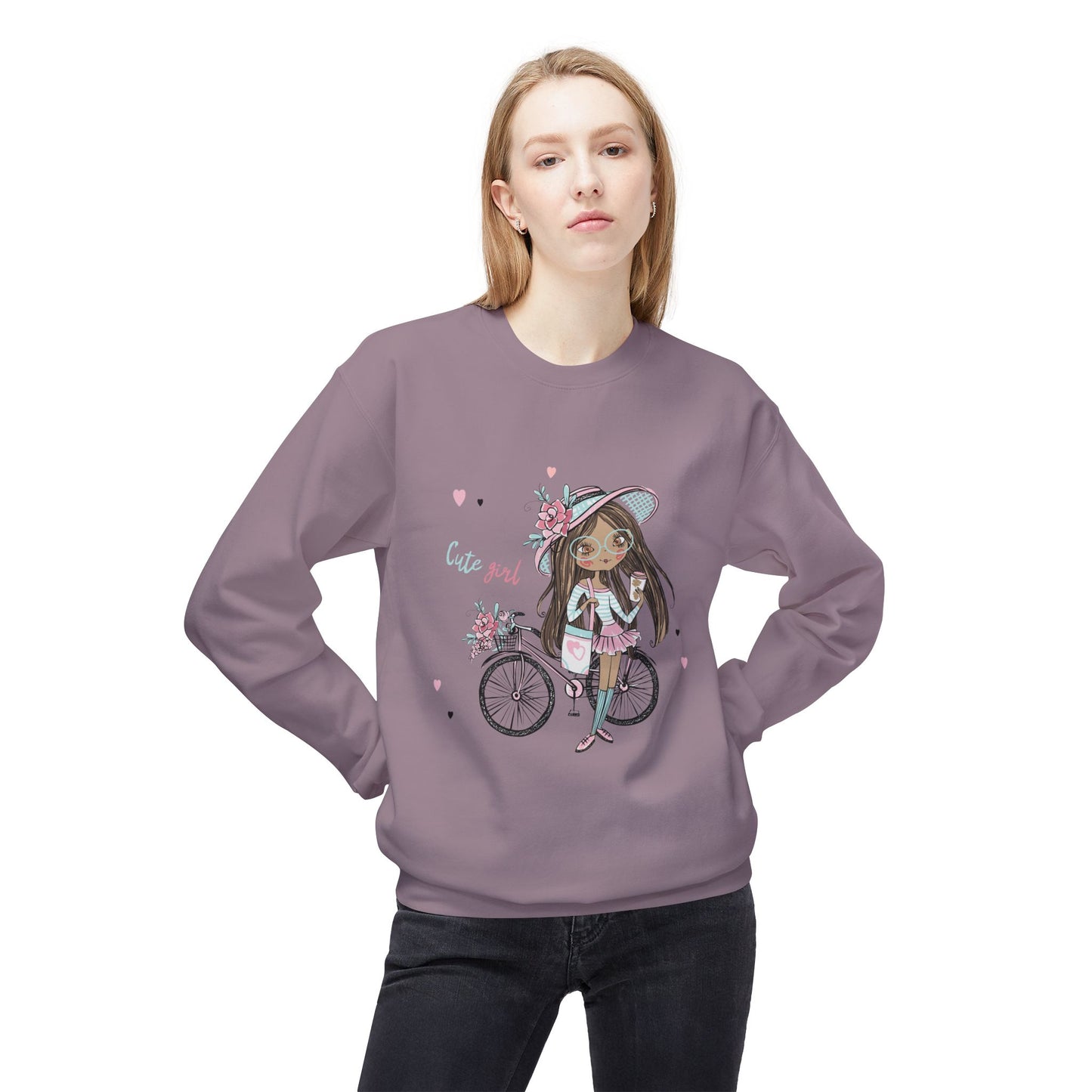 Cute Girl on Bicycle Sweatshirt, Cozy Fleece Crewneck, Spring Fashion, Gift for Her, Casual Sweatshirt, Cartoon Design