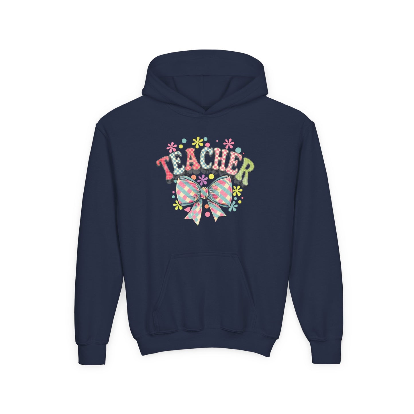 Teacher Hoodie with Colorful Floral Bow Design, Ideal Gift for Educators, School Spirit Wear, Teacher Appreciation, Back to School Navy