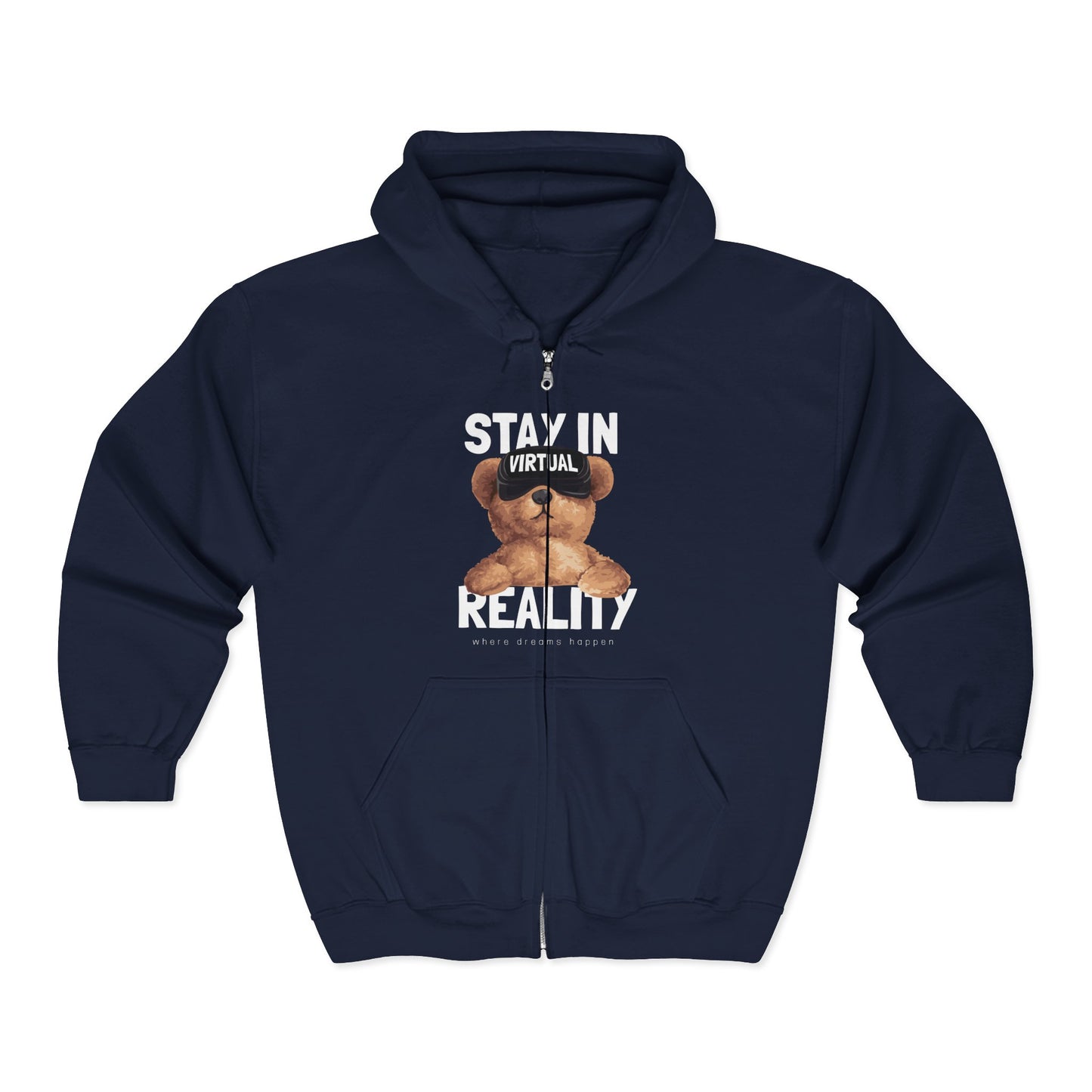 Stay in Virtual Reality Hoodie, Unisex Full Zip Sweatshirt, Perfect for Gamers, Gift for Tech Lovers, Cozy Layer for All Seasons Navy