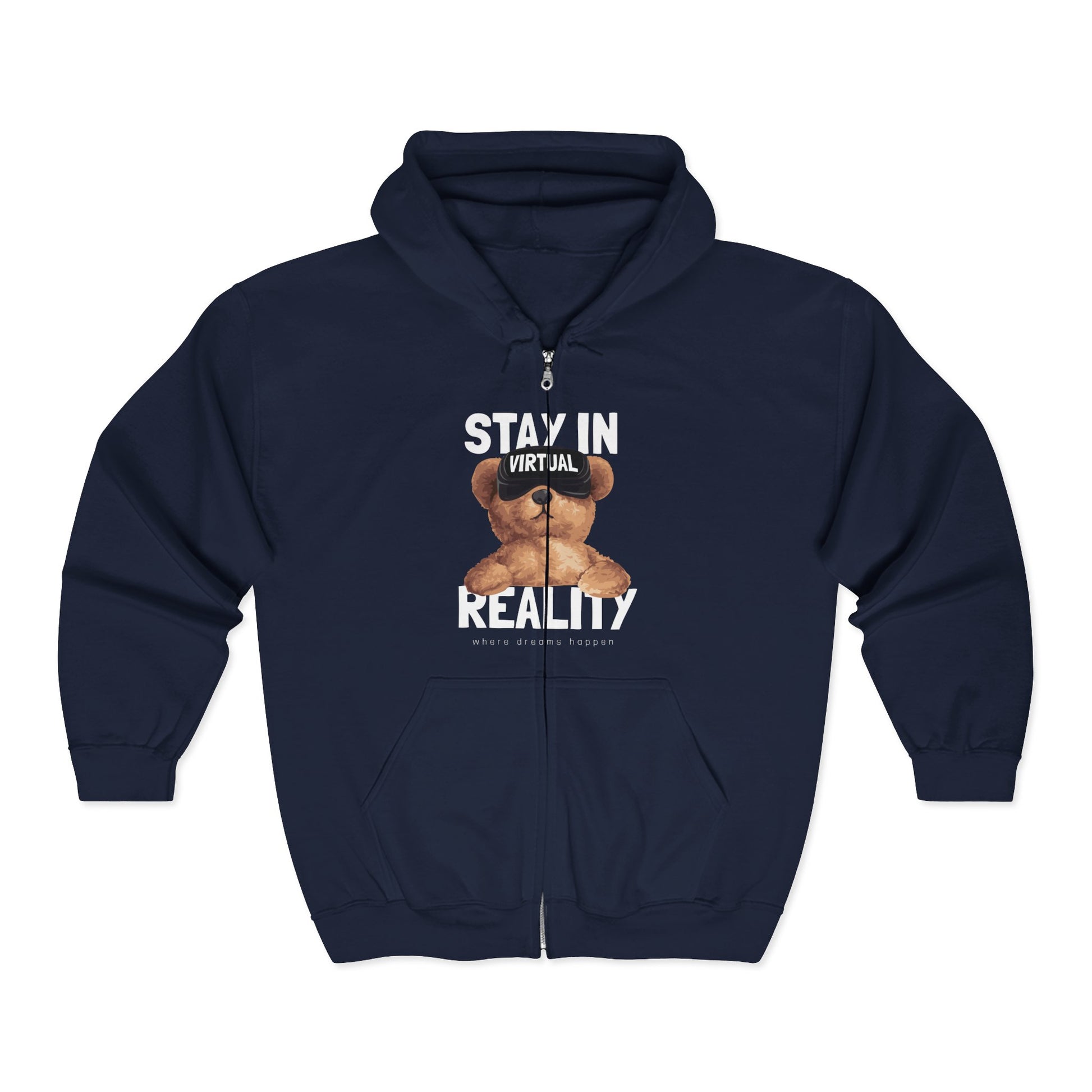 Stay in Virtual Reality Hoodie, Unisex Full Zip Sweatshirt, Perfect for Gamers, Gift for Tech Lovers, Cozy Layer for All Seasons Navy