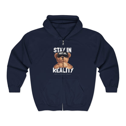 Stay in Virtual Reality Hoodie, Unisex Full Zip Sweatshirt, Perfect for Gamers, Gift for Tech Lovers, Cozy Layer for All Seasons Navy