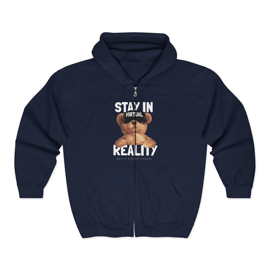 Stay in Virtual Reality Hoodie, Unisex Full Zip Sweatshirt, Perfect for Gamers, Gift for Tech Lovers, Cozy Layer for All Seasons Navy