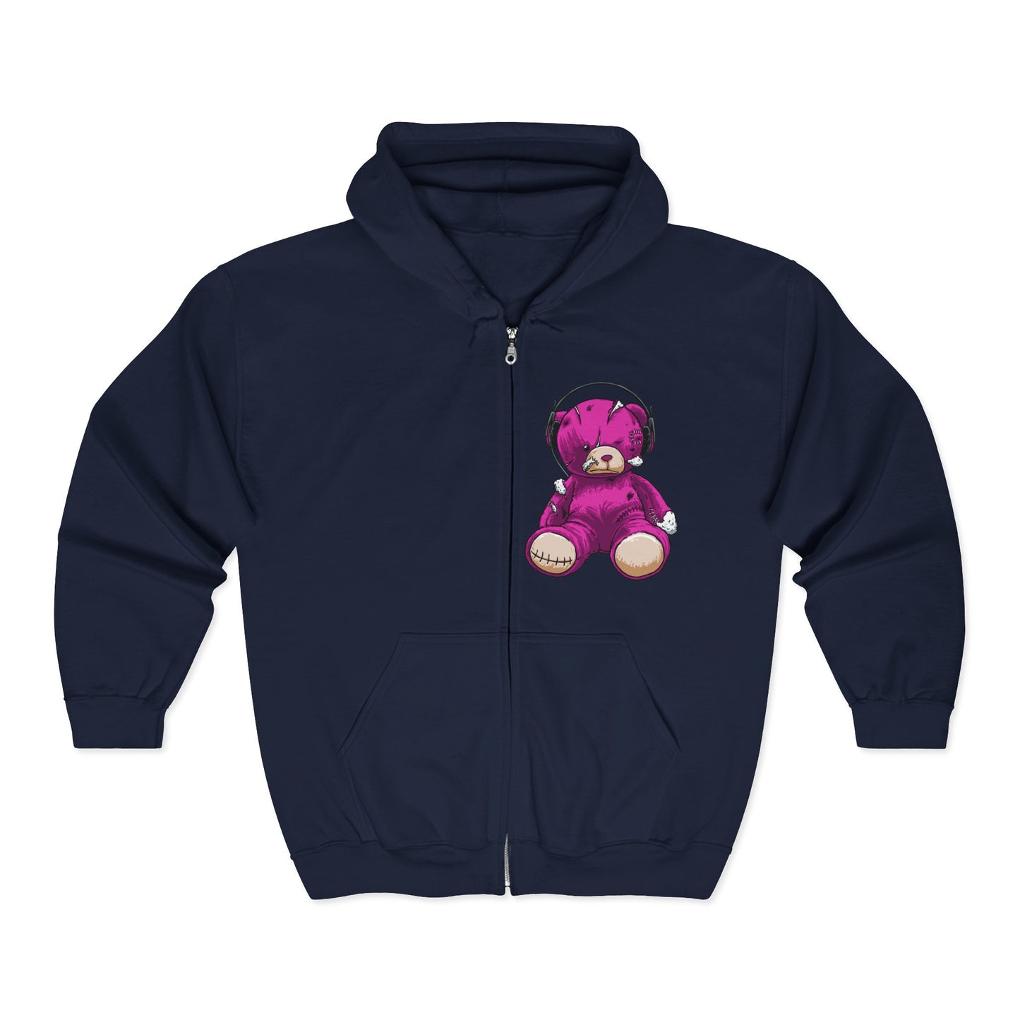 Cute Teddy Bear Zip-Up Hoodie, Cozy Sweatshirt, Gift for Kids, Music Lover's Apparel, Birthday Present, Casual Wear Navy