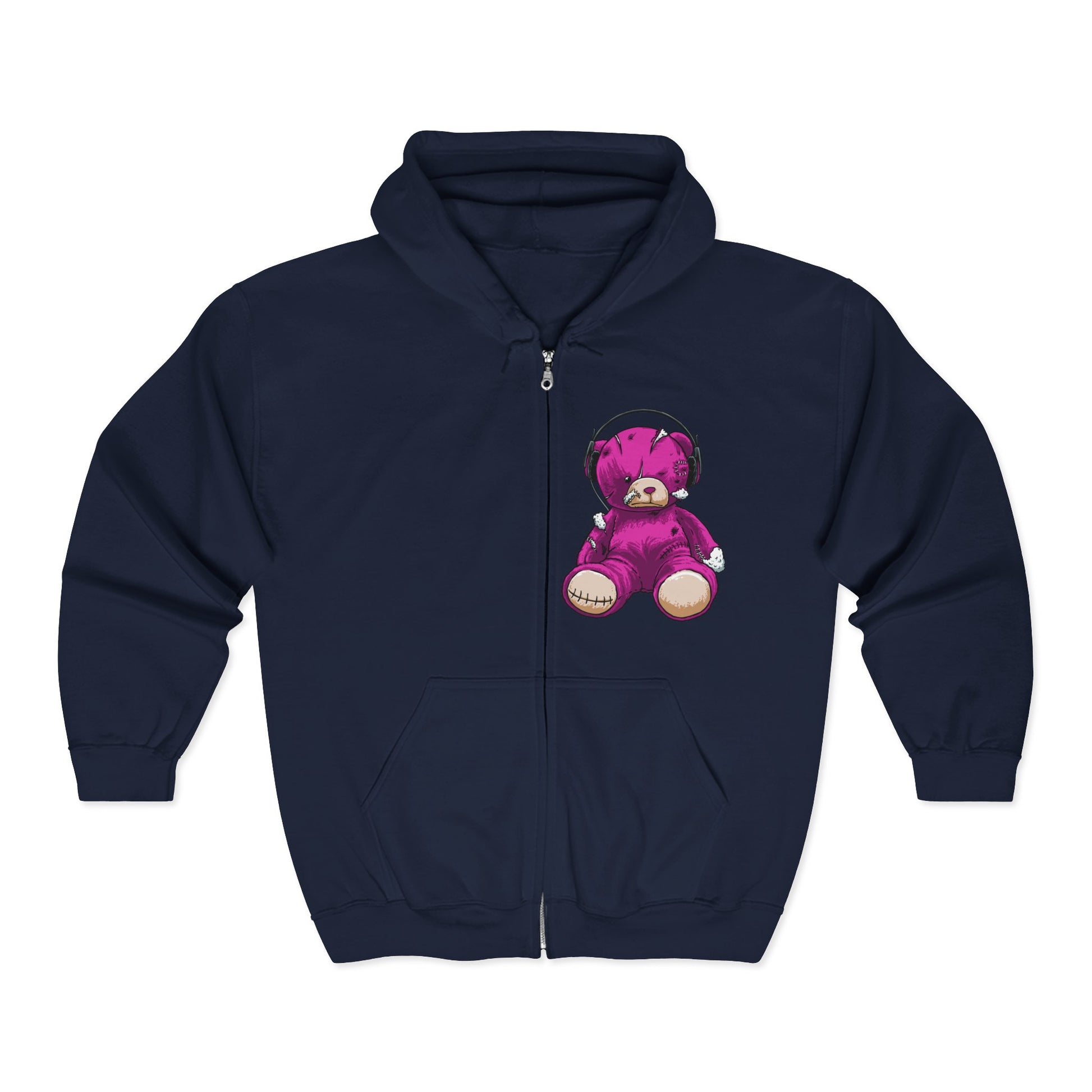 Cute Teddy Bear Zip-Up Hoodie, Cozy Sweatshirt, Gift for Kids, Music Lover's Apparel, Birthday Present, Casual Wear Navy