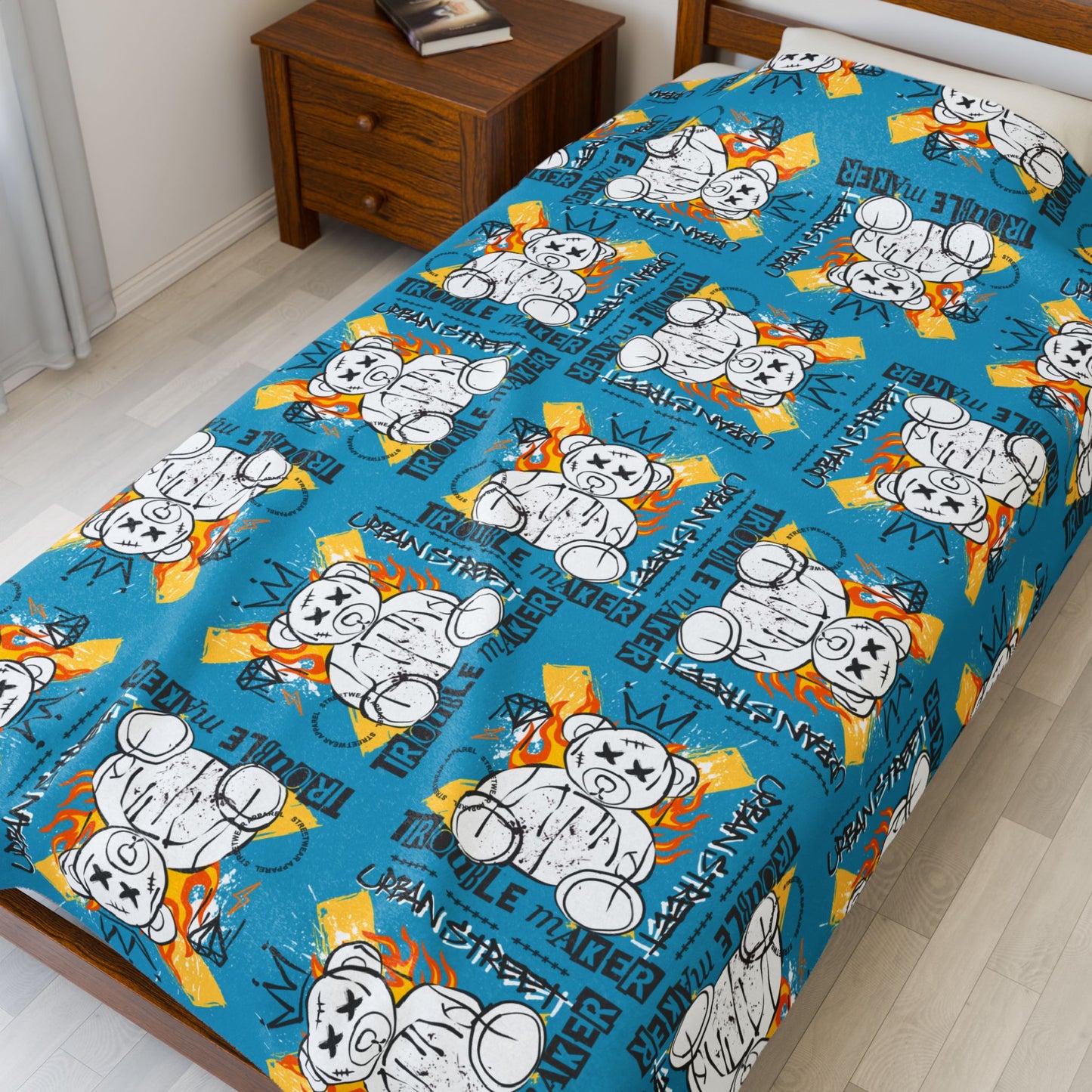 "Trouble Maker" Street Art Velveteen Plush Blanket – Soft Blue Throw with Flaming Bear – Edgy Urban Style Home Decor 60" × 80"