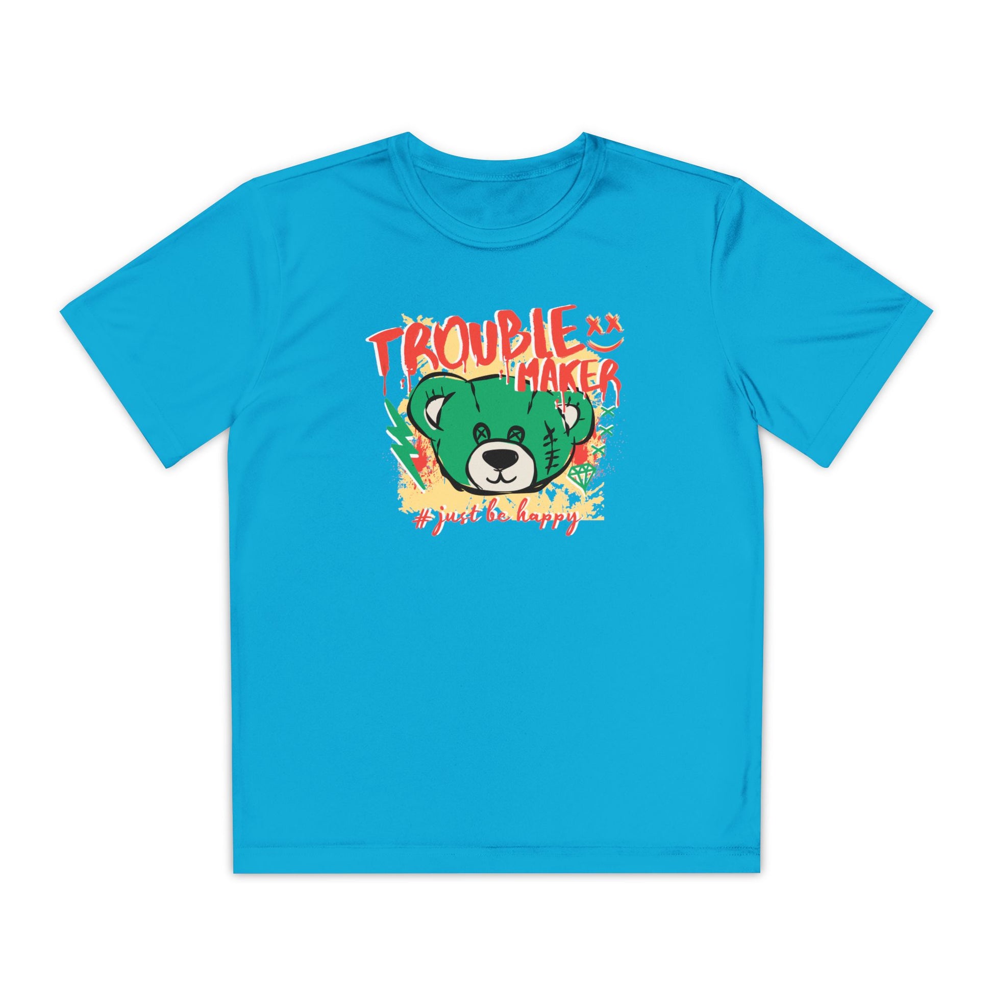 Troublemaker Youth Tee - Just Be Happy, Fun Kids Shirt, Casual Wear, Playful Gift, Summer Outfit Atomic Blue