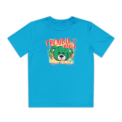 Troublemaker Youth Tee - Just Be Happy, Fun Kids Shirt, Casual Wear, Playful Gift, Summer Outfit Atomic Blue