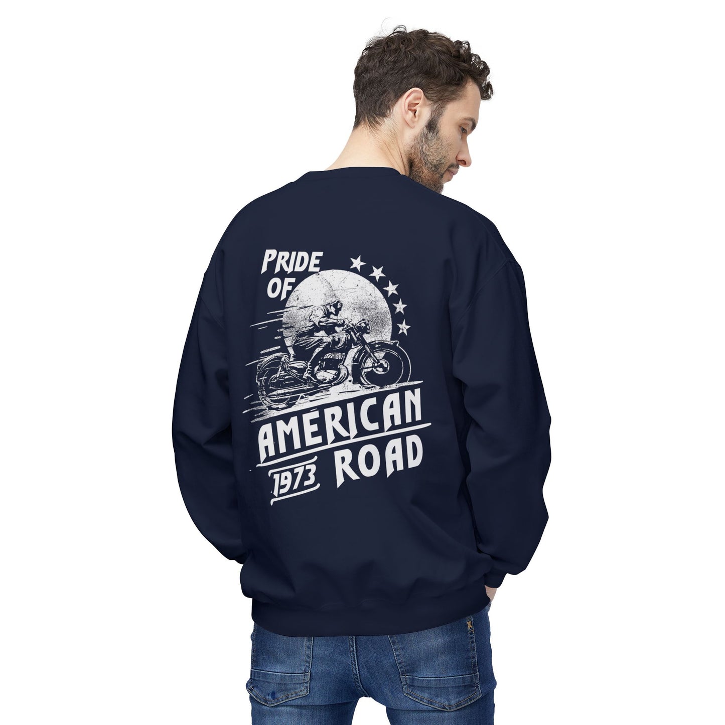 Pride of American Road Crewneck Sweatshirt, Cozy Unisex Fleece Top, Ideal Gift for Bikers, Road Trip Apparel, 1973 Vintage Style