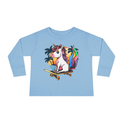 Skateboarding Unicorn Toddler Long Sleeve Tee, Cute Kids Shirt, Unicorn Lover Gift, Playful Toddler Outfit, Birthday Gift Light Blue
