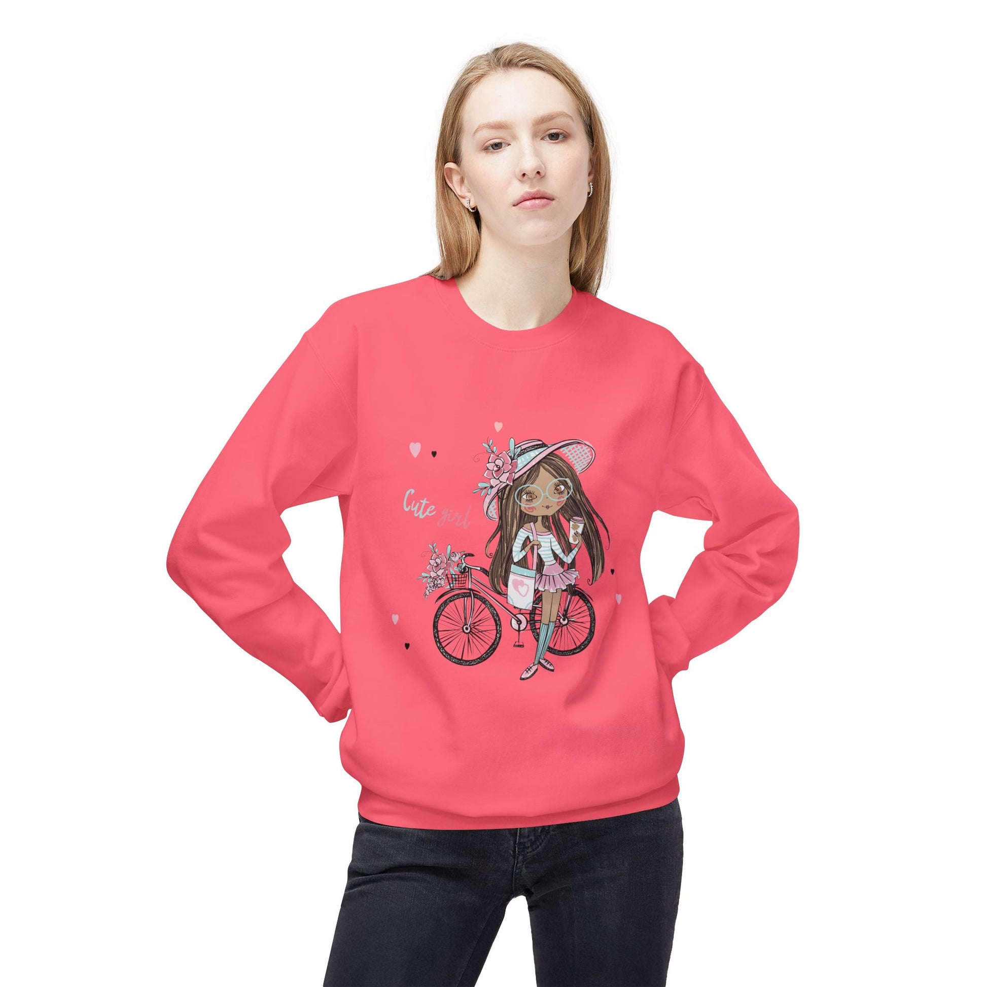 Cute Girl on Bicycle Sweatshirt, Cozy Fleece Crewneck, Spring Fashion, Gift for Her, Casual Sweatshirt, Cartoon Design