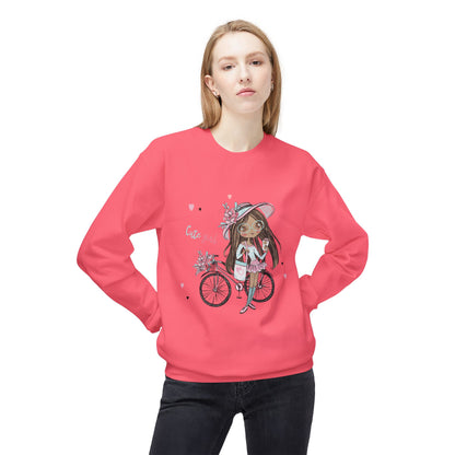 Cute Girl on Bicycle Sweatshirt, Cozy Fleece Crewneck, Spring Fashion, Gift for Her, Casual Sweatshirt, Cartoon Design
