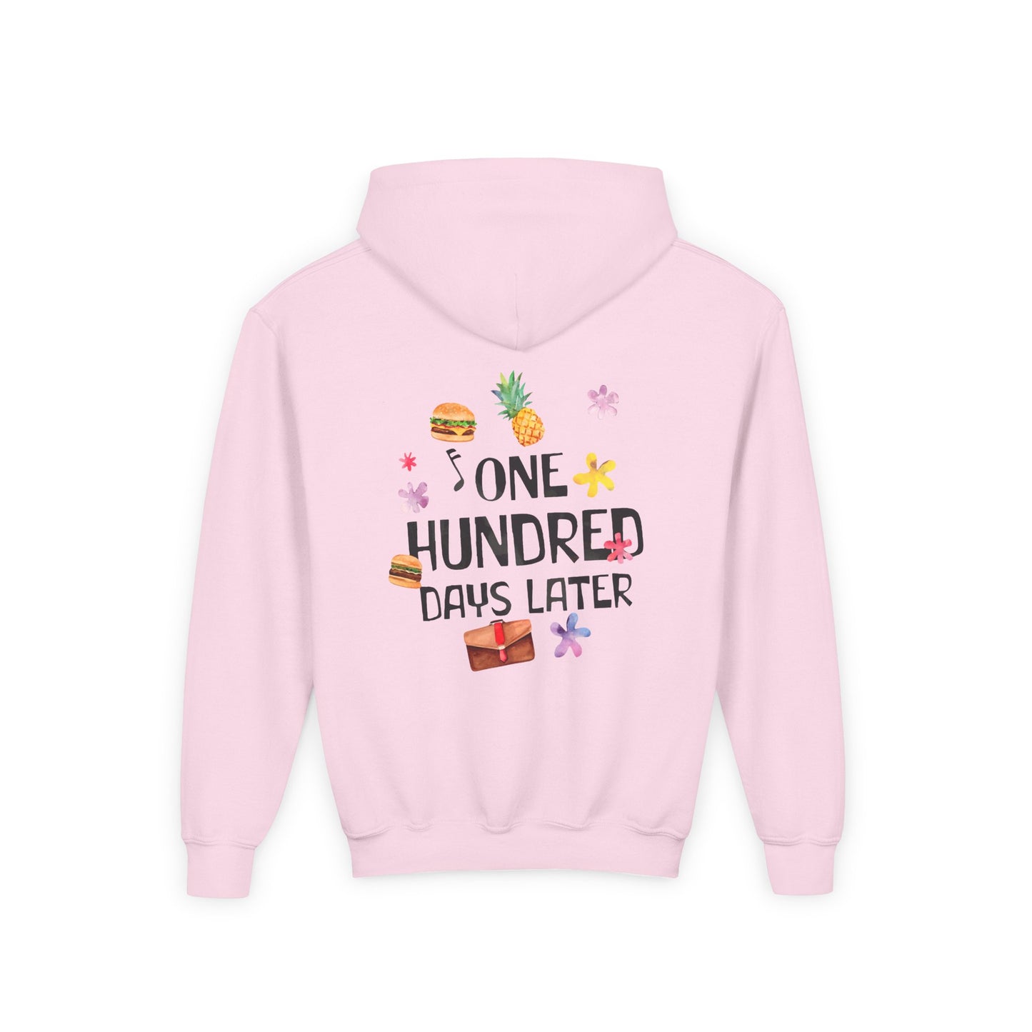 One Hundred Days Later Youth Hoodie, Fun Sweater for Kids, Cozy Gift for Birthdays, Celebrations, and Comfy Days Light Pink