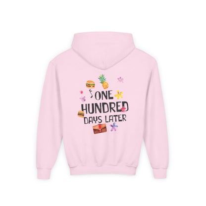 One Hundred Days Later Youth Hoodie, Fun Sweater for Kids, Cozy Gift for Birthdays, Celebrations, and Comfy Days Light Pink