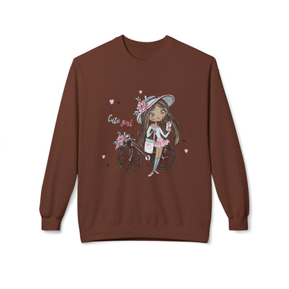 Cute Girl on Bicycle Sweatshirt, Cozy Fleece Crewneck, Spring Fashion, Gift for Her, Casual Sweatshirt, Cartoon Design Cocoa
