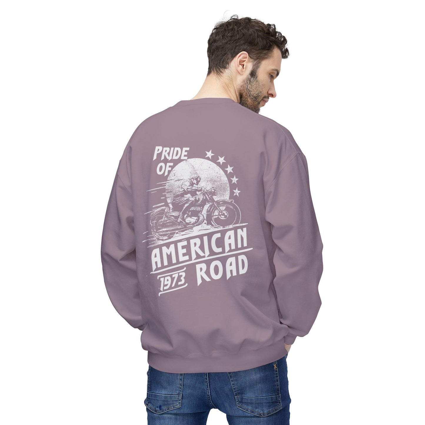 Pride of American Road Crewneck Sweatshirt, Cozy Unisex Fleece Top, Ideal Gift for Bikers, Road Trip Apparel, 1973 Vintage Style