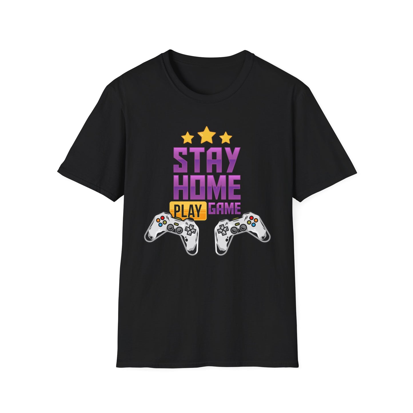 Stay Home Play Game Unisex Softstyle T-Shirt, Gamer Gift, Video Game Tee, Casual Wear, Birthday Present, Gaming Apparel Black