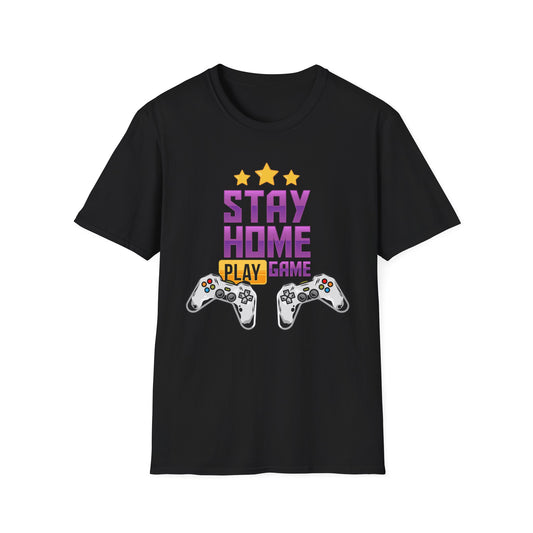 Stay Home Play Game Unisex Softstyle T-Shirt, Gamer Gift, Video Game Tee, Casual Wear, Birthday Present, Gaming Apparel Black
