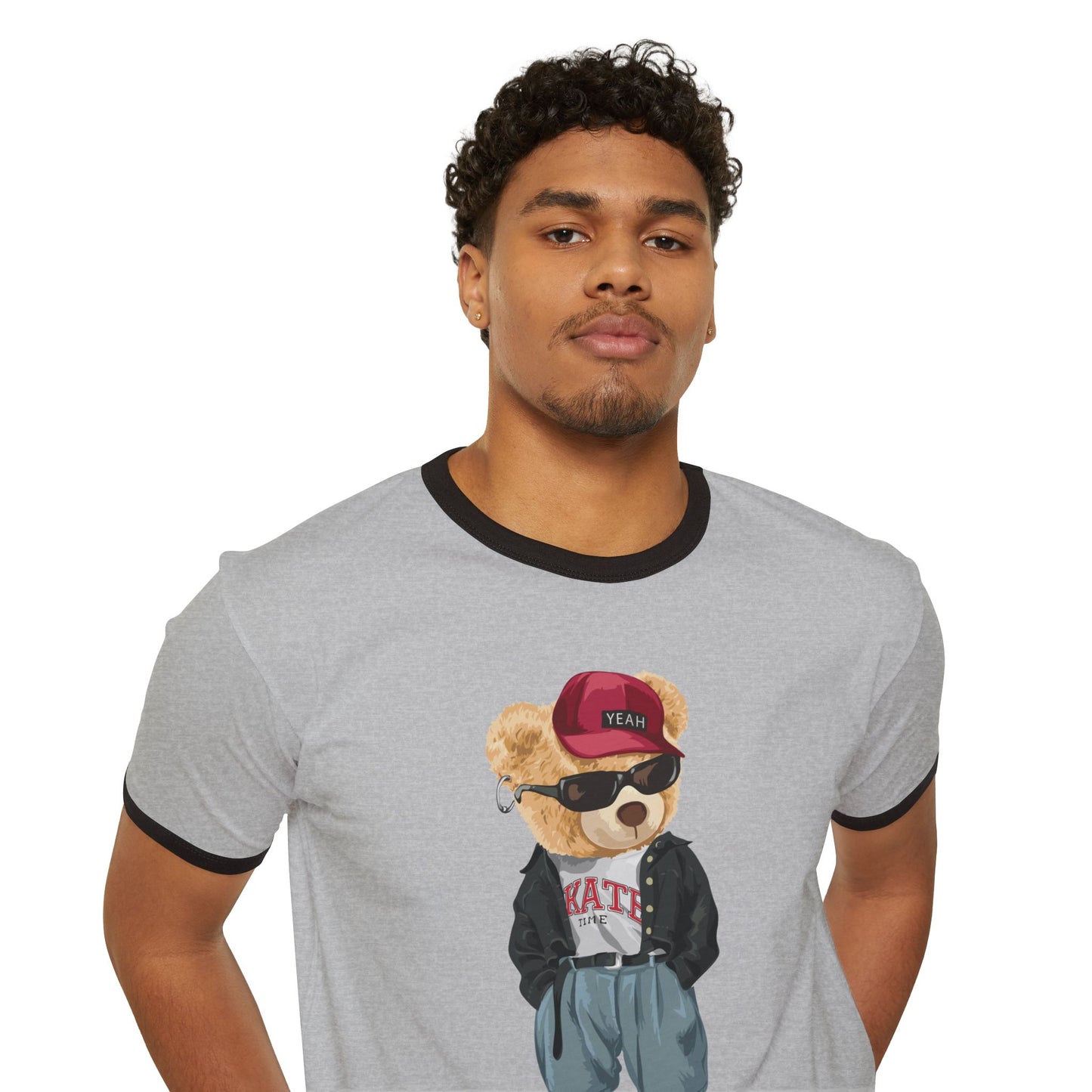 Hip Hop Bear Unisex Cotton Ringer T-Shirt, Cute Graphic Tee, Retro Style T-Shirt, Streetwear Apparel, Gift for Music Lovers