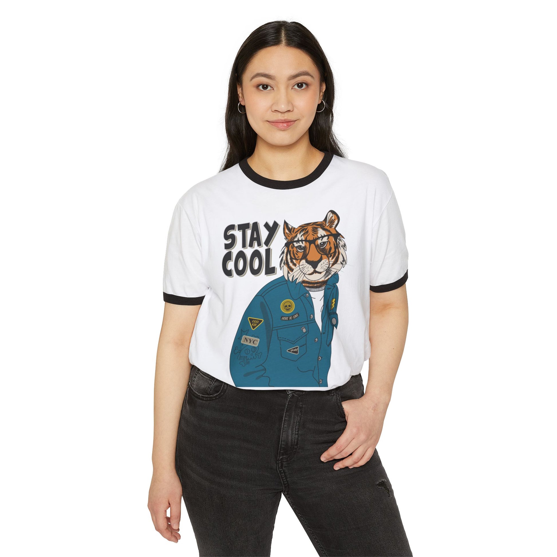 Stay Cool Tiger Ringer T-Shirt, Unisex Vintage Tee, Casual Gift, Animal Lover Apparel, Summer Fashion, Fun Graphic Shirt