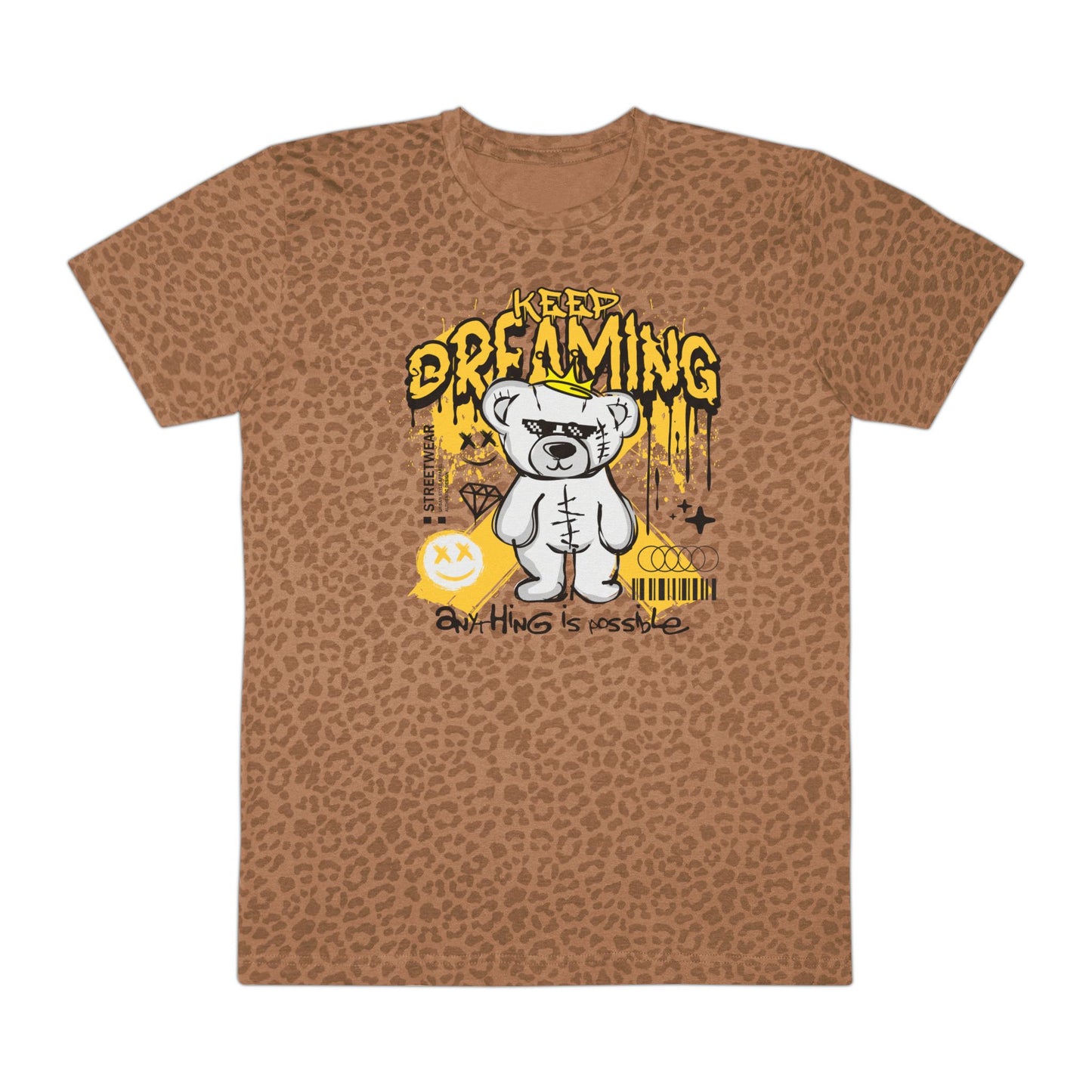 Graphic Tee with Bear Design | Keep Dreaming Tee | Trendy Streetwear T-Shirt, Men's Casual Wear, Gift for Him, Unique Men's Apparel Brown Leopard