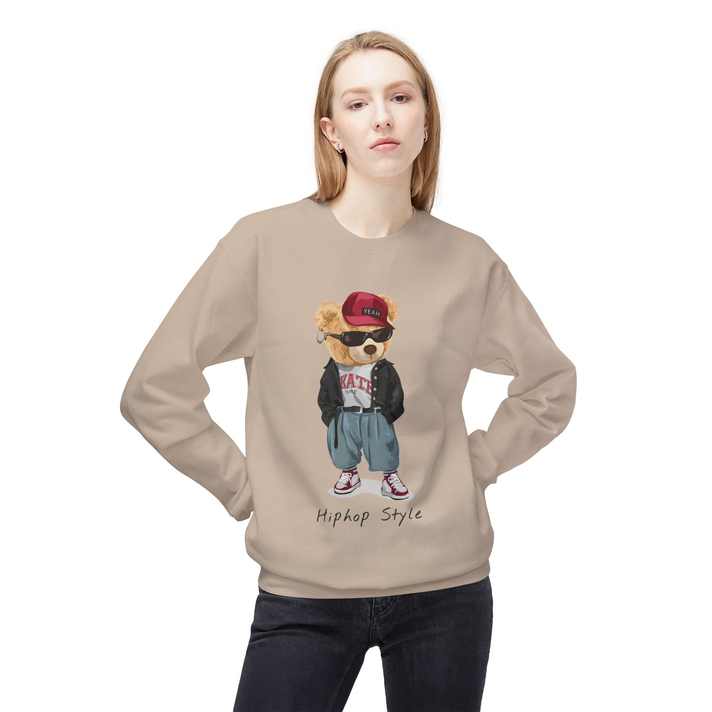 Hip Hop Bear Sweatshirt, Streetwear Crewneck, Unisex Fleece Top, Trendy Gift, Casual Style, Fashionable Layering Piece