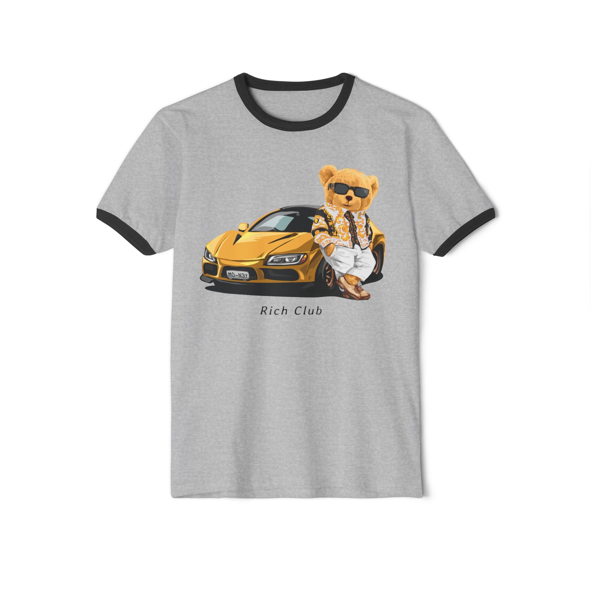 Rich Club Bear Unisex Cotton Ringer T-Shirt, Casual Wear, Streetwear, Gift for Car Lovers, Fun Graphic Tee Heather Grey Black