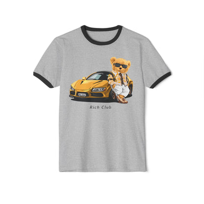Rich Club Bear Unisex Cotton Ringer T-Shirt, Casual Wear, Streetwear, Gift for Car Lovers, Fun Graphic Tee Heather Grey Black