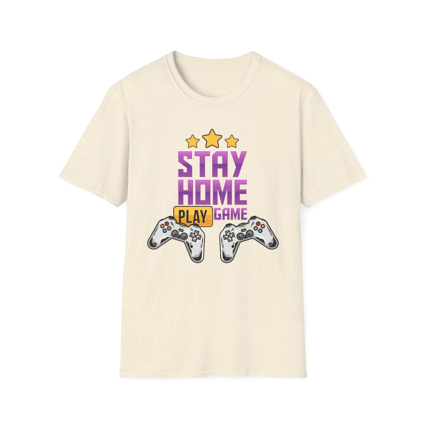 Stay Home Play Game Unisex Softstyle T-Shirt, Gamer Gift, Video Game Tee, Casual Wear, Birthday Present, Gaming Apparel Natural